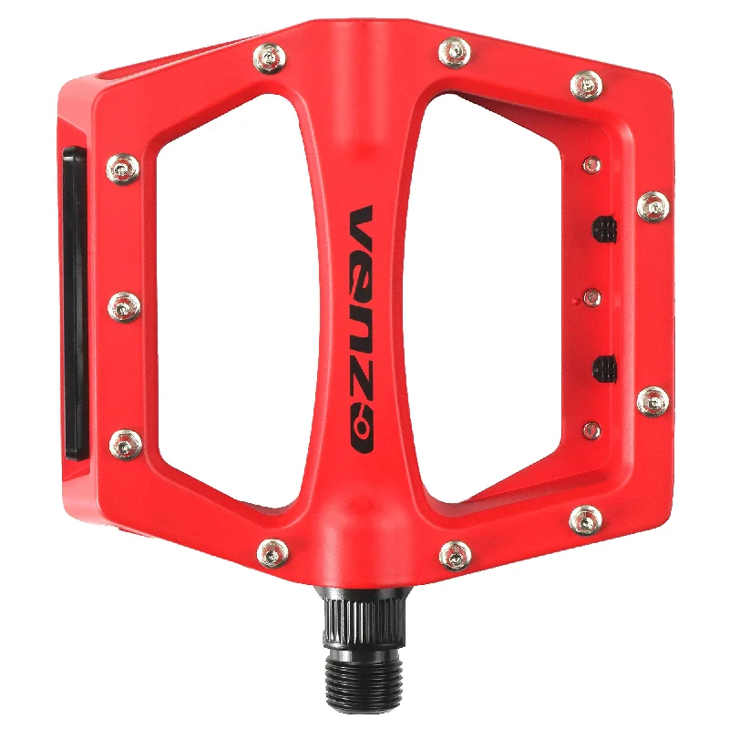 Cycling calf straps-Venzo Flat BMX Mountain Bicycle 9/16" CR-MO Axle Pedals With Reflector Red