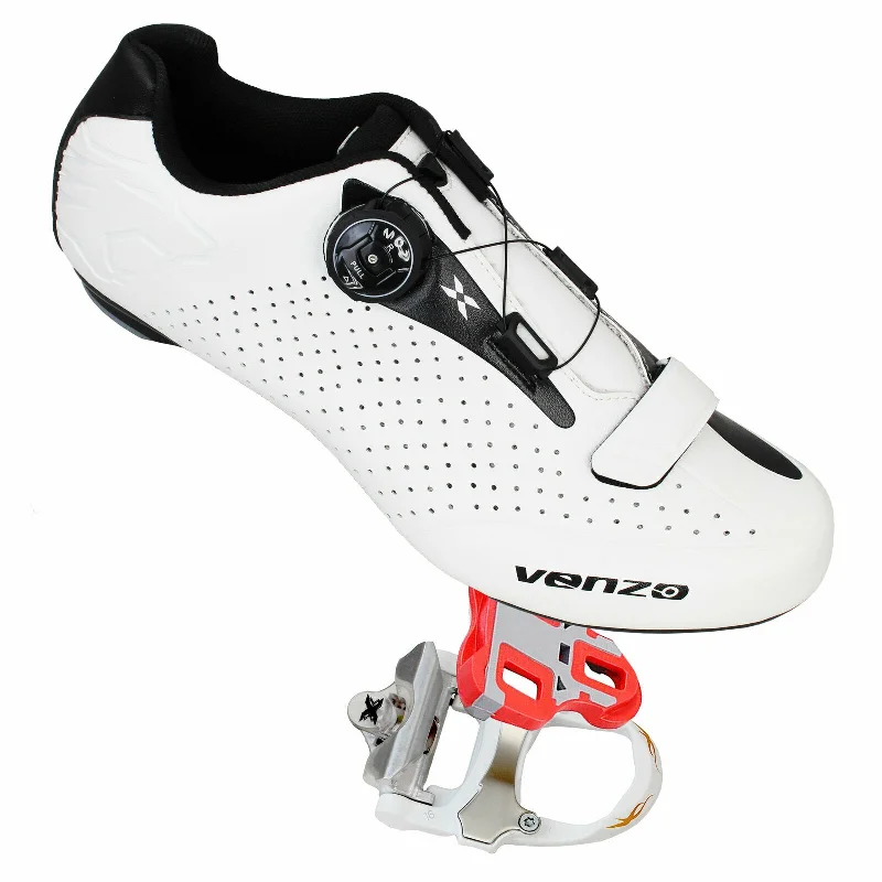 Cycling foot bands-Venzo Cycling Bicycle Cycle Road Bike Shoes Men - compatible with Shimano SPD, SPD SL, Look KEO, Look Delta -  Package including:  Xpedo RF07MC Pedals White 46