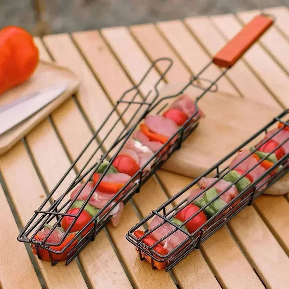 Cycling sweatband head-Outdoor Wooden Handle Barbecue Cage Camping Meat and Vegetable Barbecue Net Rack Picnic Barbecue Tools